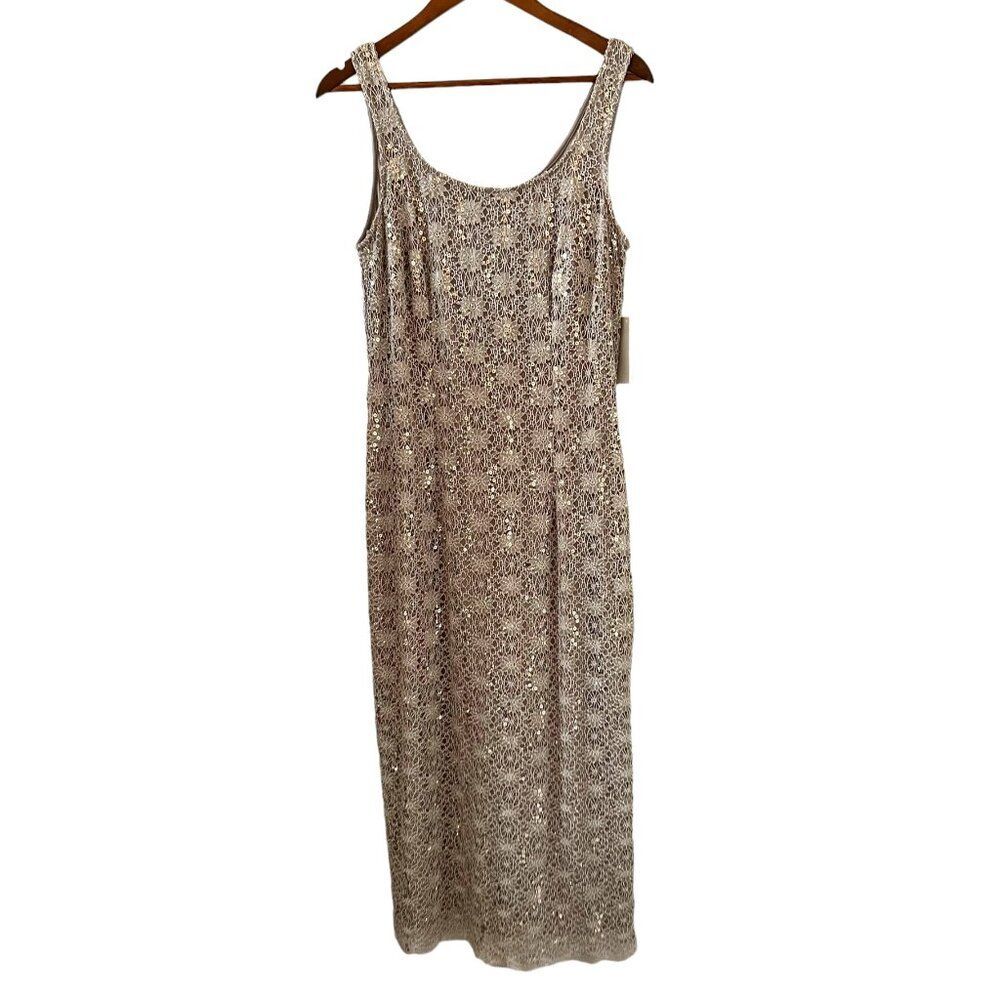 R & M Richards NEW Lace & Sequin Sleeveless Maxi Dress In Mocha/Taupe Size 14